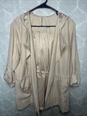 Kate Collection Women M Cream Tan Drape Open Front Anorak Trench Jacket